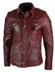 Men's Tan Timber Washed Slim Fit Shirt Jacket Retro Smart Casual Real Leather