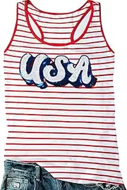 [LUKYCILD] American Flag Tank Top Women USA Sequin Sleeveless Tee Patriotic Shirt 4th of July Summer Muscle Vest Tops