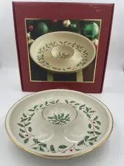 LENOX Large 12" One-Piece Chip & Dip Platter Bowl Tray Holiday Holly & Berry NIB