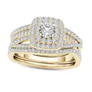 1.0 CT. T.W. Natural Diamond Cushion Double Frame Woven Three Piece Bridal Engagement Ring Set in Solid 14K Gold