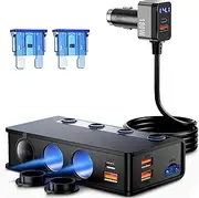 Car Cigarette Lighter Adapter QC&PD 3.0, 120W/180W 12V/24V USB Car Charger Adapter 3 Socket Cigarette Lighter Splitter with LED Voltmeter, 6 Fast Charging Ports, Safe Protection for iPhone,iPad,Laptop