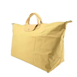 LONGCHAMP LE PLIAGE GREEN系列刺繡短把再生尼龍摺疊旅行袋(中/小麥黃)