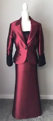 Frascara Couture Red/Black 3 Pc Silk Shantung Dress with Jacket Size 14 NWT