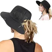 [ZUJIACUN] Outdoor Summer Sun Hat UV Protection Wide Brimmed Foldable Sun hat Mesh Fishing hat Horsetail Hole Hunting, Beach Fishing, Jungle, Hunting, Hiking, Camping Black