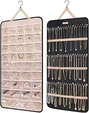 BAGSMART Hanging Jewelry Organizer Storage Roll with Hanger Metal Hooks Double-Sided Jewelry Holder for Earrings, Necklaces, Rings on Closet, Wall, Door, 1 piece, Large, Black