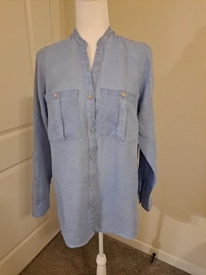 NWT J. Jill Love Linen Buttondown Shirt Baby Blue Size XS Mandarin Collar