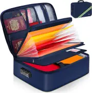 Waterproof Fireproof Document Storage Box with Lock, 7 Pockets, Blue