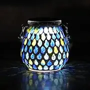 Outdoor Solar Lights with Multiple Color Mosaic Glass Jar, Solar Powered Lanterns Night Hanging Lights Table LED Lamps for Camping Patio Balcony Backyard Garden Fence Decor (Multi-Blue)