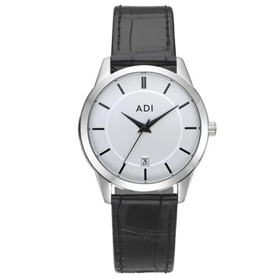 Adi Men's Elegant Silver-Tone Waterproof Watch w/ Black Leather Strap 40mm 50m