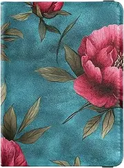 [Amooorous] Art Peonies Flower Teal Red Leather decorative Passport Holders Vaccine Case Protector Cover Passport Case Lightweight, art peonies flower Teal red, 1 size