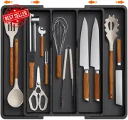 Expandable Utensil Drawer Organiser Large Cutlery Tray Black Plastic Adjustable
