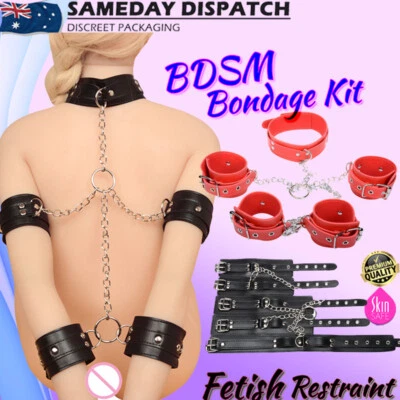 BDSM Back Restraint Handcuffs Wrist Arm Cuffs Collar Fetish Bondage Kit Sex Toy