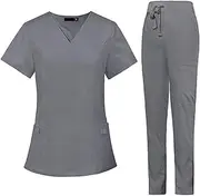 [Vaveren] Women Uniform Scrub Set Workwear Nurse Top and Pants Female Scrub Set Work suits with Pockets for SPA Pet Groomer Healthcare