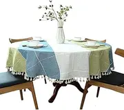 Heavy Weight Cotton Linen Tablecloth, Plaid Tassel Round Table Cover for Kitchen Dining Room Tabletop Decorations, Round - 70", Blue Green