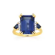 9ct Gold Created Sapphire & Diamond Ring Total Diamond Weight=.10ct in Blue