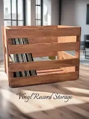 Cherry Stained Wooden Vinyl Record Holder Crate – Handcrafted LP Storage Box