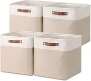 Temary Cube Storage Bins 13x13 Fabric Storage Cubes Baskets Set Of 4 Cloth Baskets for Shelf, Large Basket Empty Baskets for Organizing, Baskets Cube Basket for Storage (White&Khaki)