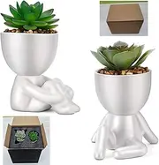 Paifeancodill 2 Pcs Cute Artificial Succulent Plants with Creative Human Shaped Pots Mini Potted Succulents Decor Artificial in White Modern Human Shaped Ceramic Pots Fake Succulent for Home(White A)