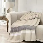SHINEFLOR 100% Wool Throw Blanket Reversible for Couch Luxury Virgin Fleece Cozy Soft with Multi Color Stripes Plaid for Sofa Bed Home Travel Lounging Gift (Brown & Mocha & Ivory 70"x46" 660 gram)