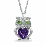 7.0mm Heart-Shaped Amethyst, Peridot and Lab-Created White Sapphire Owl Pendant in Sterling Silver