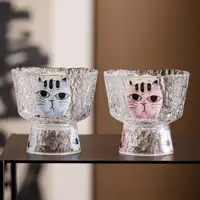 在飛比找ETMall東森購物網優惠-貓咪錘紋玻璃杯家用高足零食碟甜品冰激凌杯子果汁杯情侶水杯茶杯