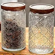 DXQCHDUO Vintage Glass Jar，34oz/2Pcs Glass Storage Jar with Airtight Bamboo Wooden Lids，Glass Food Storage Containers for Kitchen Counter Pantry Coffee Beans Tea Oats Candy Jar (Window Flower+Haitang)