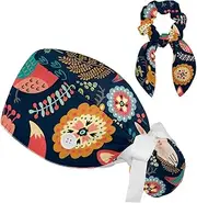 [FVQL] 2 Pack Surgical Hats for Women, Ponytail Scrub Cap with Hair Scrunchies, Cartoon Animal Deer Owls Frog