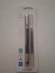 Parker Vector Black Fountain Pen with Medium Nib Size - Refillable Blue Ink