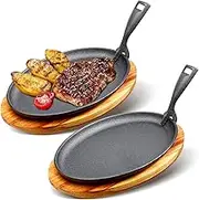 2 Sets Cast Iron Skillet Set, 10.63'' x 6.89'' Fajita Plate Sizzling Pan with Wooden Base Anti Scald Protection Removable Handle for Restaurant Kitchen Cooking Accessory BBQ Party