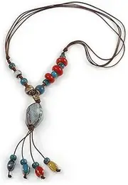 [Avalaya] Handmade Blue, Red Ceramic Bead Tassel Brown Silk Cord Necklace - 46cm to 66cm Long (Adjustable), One Size, ceramic cords