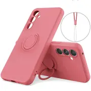For Samsung Galaxy A34 5G Liquid Silicone Protective Cover Ring Kickstand Phone Case with Wrist Rope