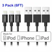 3 Pack Lightning Cable 6Ft MFi Certified Black Flawless Apple iPhone iPad iPod