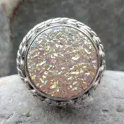 Offerings Sajen 925 SS One of a Kind Golden Dream Snowy Druzy Ring Size 7