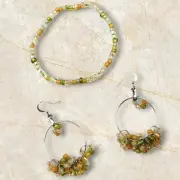 Peach & Green Beaded Earring & Bracelet Set Handmade Retro Boho Beachy Coastal