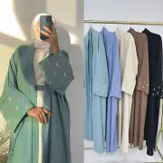 Dubai Women Open Kaftan Muslim Cardigan Kimono Maxi Dress Moon Embroidery Caftan