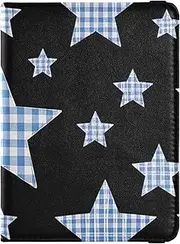 [Amooorous] Cartoon Black Checkered Plaid Stars Leather decorative passport holder for travel women Vaccine Case Protector Cover Wallet Passport Holder Ultra Slim, Cartoon black Checkered plaid stars, 1 size