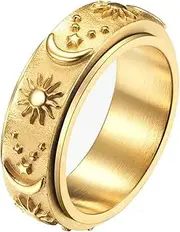 [nylry] Titanium Stainless Fidget Ring 8mm Moon Star Sun Spinner Rings Silver Gold Black Stress Relieving Anxiety Ring Wide Carved Worry Band for Women Men Teens Size 5-12 Gold Size 12, Stainless