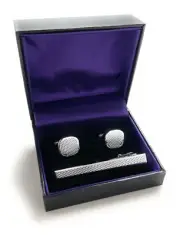 Gift Set Cufflinks Tie Clip Set Silver Cut Checkering Pattern Matching Set