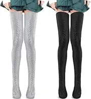[Generic] Womens Plus Size Thigh High Socks, 2 Pairs Winter Extra Warm Long Stockings, Grey Black Knit Over Knee High Boot Stocking