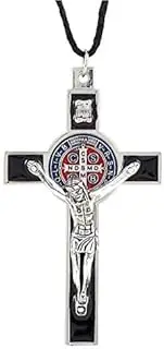 [Needzo] Saint Benedict Crucifix Pendant Silver-Tone Accent and Black Enamel, 3 Inch