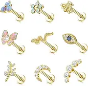 [Kakonia] 9Pcs 16G Cartilage Earrings Stud for Women Stainless Steel Top Screw Flat Back Earrings Butterfly Moon Flower CZ Cartilage Earrings Helix Tragus Piercing Jewelry
