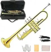 YoungMonic Bb Standard Trumpet Set for Beginners or students with Carrying Hard Case, 7C Mouthpiece, Cleaning Cloth and Gloves (golden)