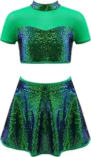 [Loodgao] Kids Girls Sequins Costumes Hip Hop Dancewear Modern Contemporary Outfits 2Pcs Crop Top with Shiny Skirts Suits