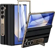 [Kalernd] for Samsung Galaxy Z Fold 6 Phone Case [Luxury Premier Genuine Leather] [Full Body Hinge Protection] [Built-in Screen Protector] [Kickstand Slim Protective Cover] for Galaxy Z Fold6 (Black)