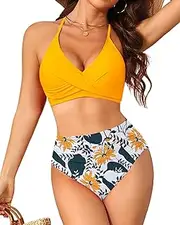 [Yonique] Women Two Piece High Waisted Bikini Set Halter Swimsuit Twist Front Bathing Suit with Tummy Control Bottoms