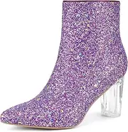[Allegra K] Women's Clear Block Heel Glitter Ankle Boots