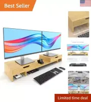 Monitor Stand with 2 Drawers for Desk, Bamboo Dual Monitor Riser, Desk Organi...
