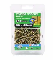 Zenith TIMBER SCREW COUNTERSUNK Head PHILLIPS Drive GOLD, 8Gx25mm-100pcs