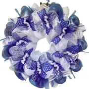 Glittering Silver And Blue Hanukkah Deco Mesh Ribbon Wreath