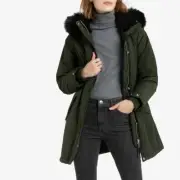 SCHOTT Helens Khaki Green Parka Jacket Size XS 8 Fur Hood Sherpa Lined RRP £230